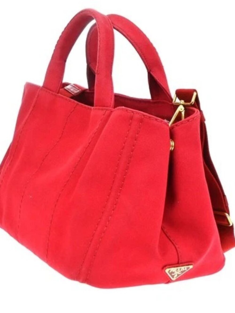 PRADA Logo Canapa 2Way Shoulder Hand Bag Canvas Leather Red GHW 79YH925 - Picture 4 of 16